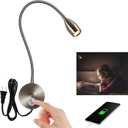 Tokili luz para leitura de livros com carregador usb toque ligar/desligar/dimmer montado na parede holofote cama cabeceira gooseneck arandela lâmpadas