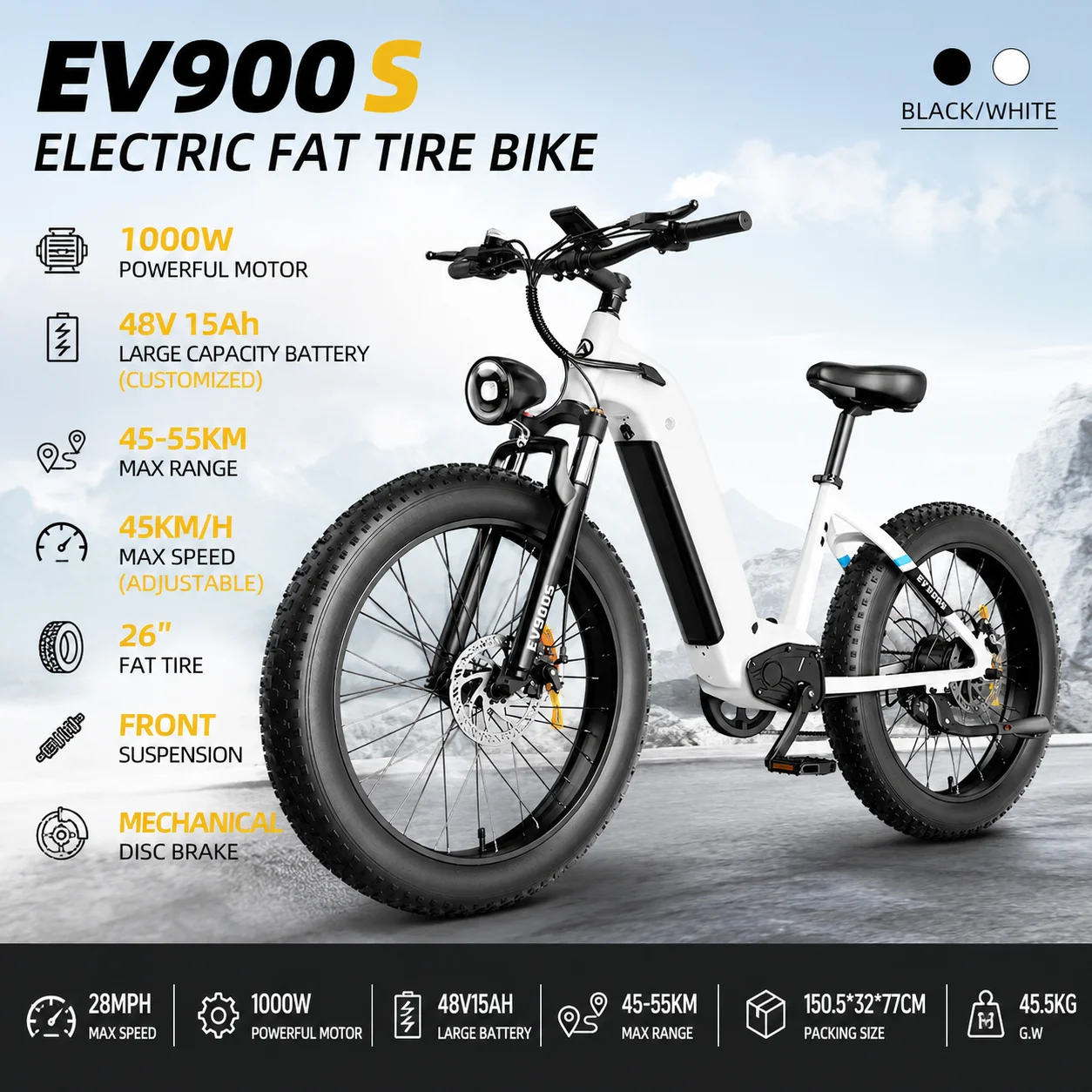 OBX-EV900S Fat Tire Electric Bicycle 1000W Motor 48V15Ah Battery E-Bike 45-55KM Range 26 Inch Tires Front Suspension Bike