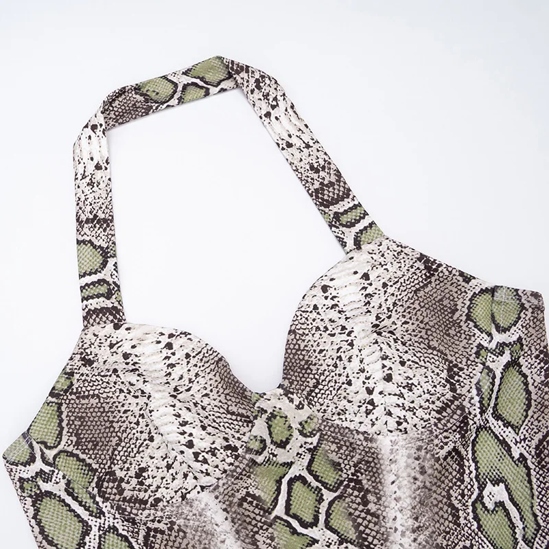 サーペンタイン柄 レディース セクシー ツーピースセット ホルターネック バックレス タンク クロップトップス + スプリット スキニー カプリパンツ クラブウェア スーツ ストリートウェア