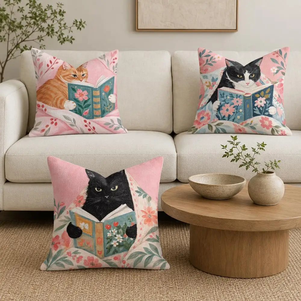 Reading Cat Floral Cushion Cover Natural Linen Organic Fabric Double-Sided Printing Sofa Home Decor Gift Pillow Cover