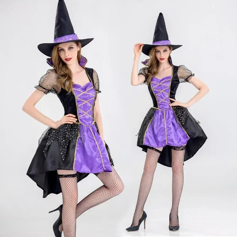 Halloween Witch Costume For Women Adult Sexy Purple Swallowtail Braces Dress Hat Carnival Party Female Suit