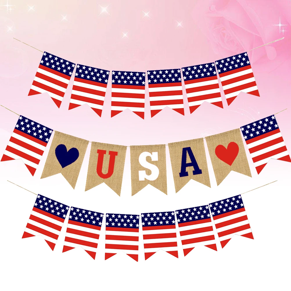

3 Pcs Party Pull Flag Burlap Banner Hanging Bunting American Independence Day USA Patriotic