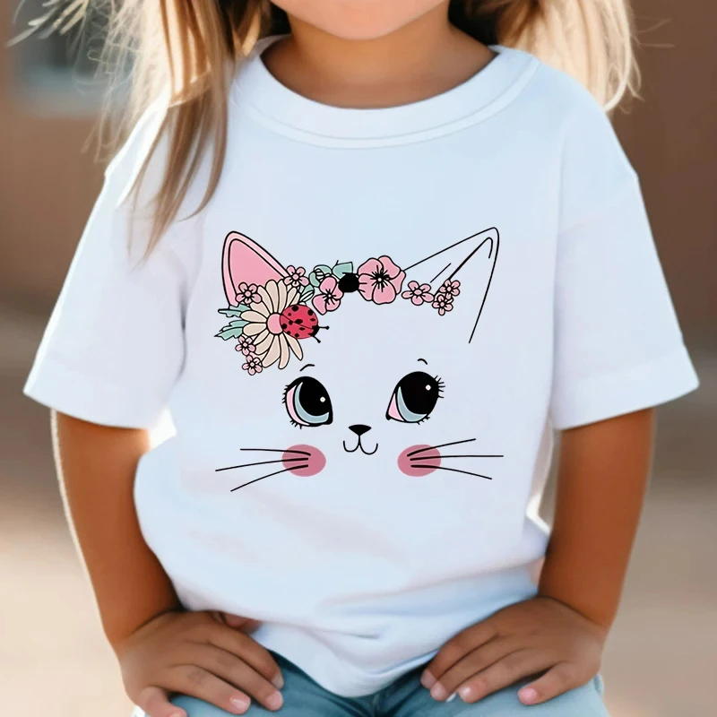 Kids Cotton T-Shirt Girls Cat and Floral Print T-Shirt Kitten Top White Short Sleeve T-Shirt Cute Animal Cartoon Cat T-Shirt