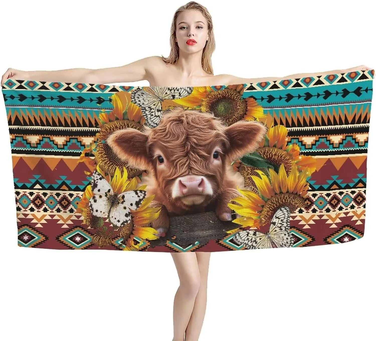 Cute little highland Cow Beach Towel for Family stuffs friends Gifts Quick-Dry For Bath Yoga Tourism Beach GYM Camping Swimming