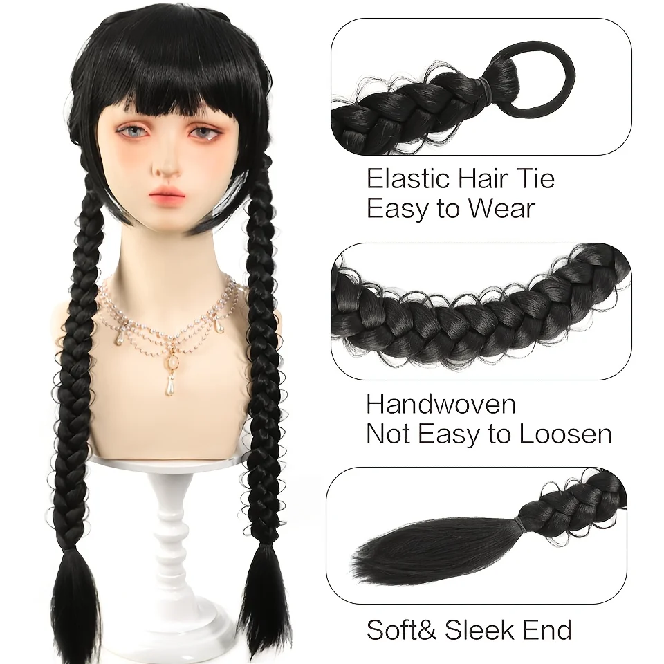 2-piece long braided ponytail wig with hair ties, soft synthetic fiber hair accessories for women's daily wear