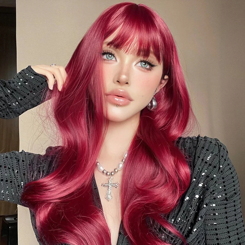 

Synthetic Hair Wigs Long Burgundy Water Wave with Full Bangs for White Women Cosplay Wig High Temperature Fiber For Cosplay