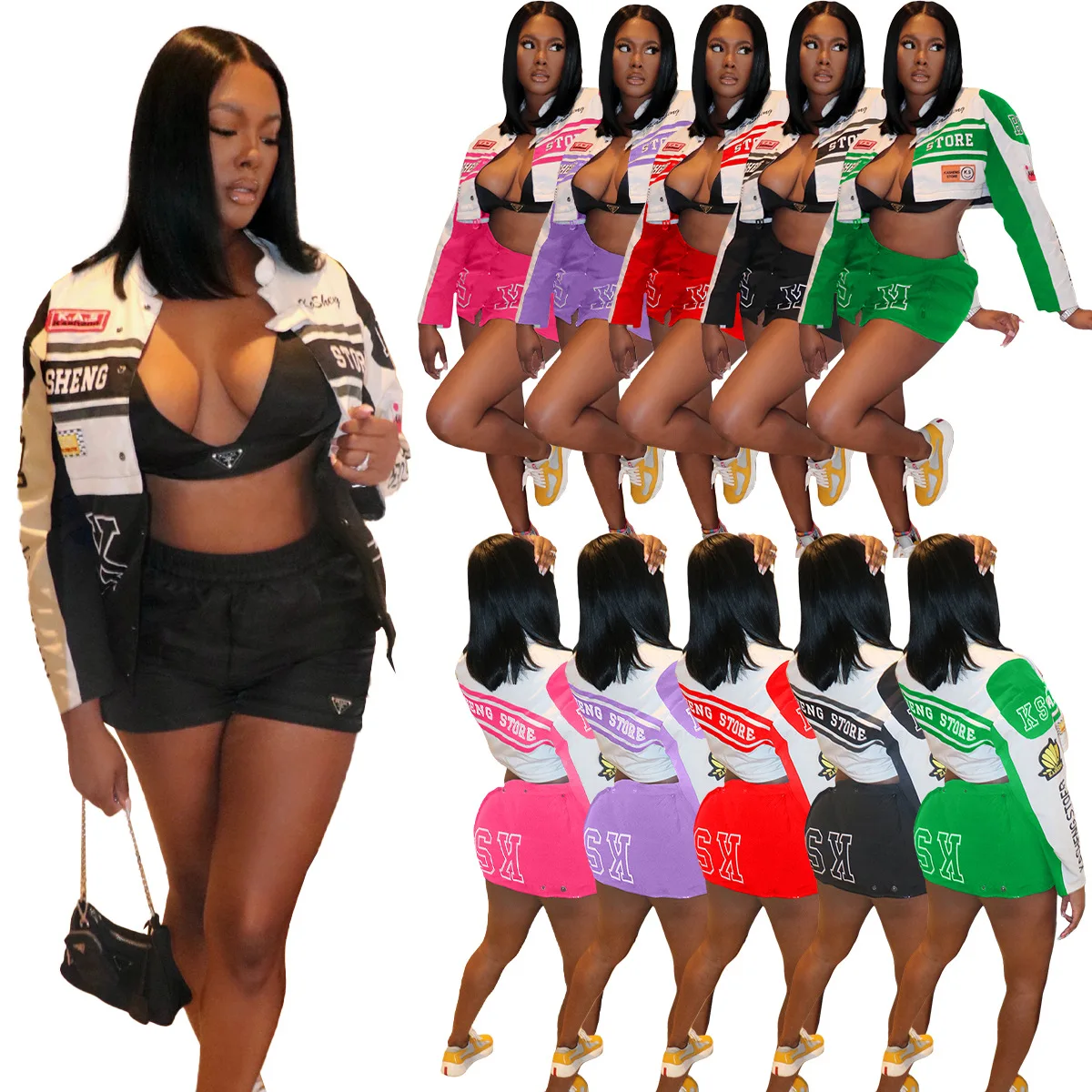Baseball Varsity Jacket Crop Tops Two 2 Piece Skirt Sets Y2K Streetwear Winter Women Cyber Racer Cropped Jackets Trench Coats