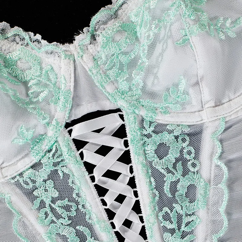 Women's Spring Sleeveless Slim Fit Solid Color Lace Backless Straps Western Style Bustier Top with Sheer Mesh Panel and Front
