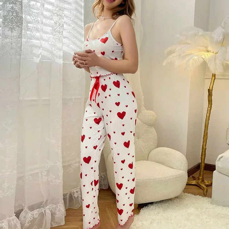 Autumn Winter Pajamas Sets for Women Sleepwear Heart Print Sleeveless Cami Vest with Long Pants Trouser Set Sexy Pyjamas