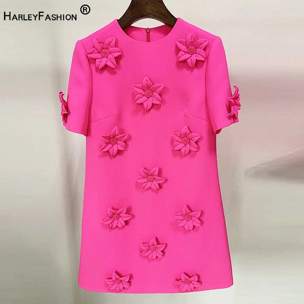 

Rose Red Hight Quality Short Sleeve 3D Florals Straight Loose Summer Back Zipper Women Dress