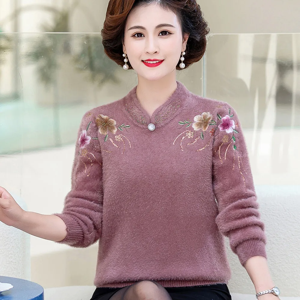 Autumn Winter Thicken Cashmere Sweater Women Imitation Mink Velvet Sweater Elegant Middle Aged Mother Pullover Knitted Jumper