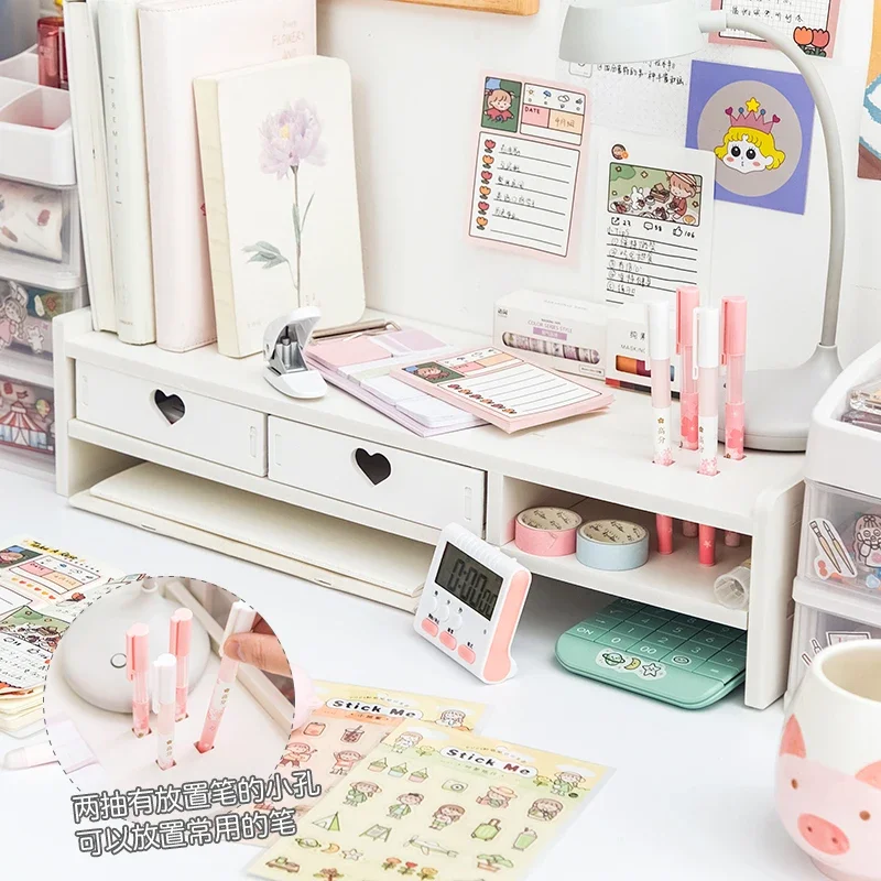 Pink Desktop Computer Monitor Girl Heart Heightening Shelf Office Dormitory Organizer Ins Stationery Sundry Home Storage Racks