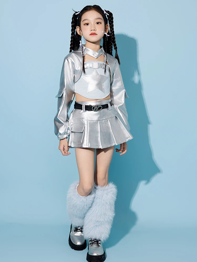 子供ジャズダンス衣装 Kpop ファッションセットガールグループパフォーマンスステージウェアシルバートップルーズパンツトレンディストリートウェア VDL4729