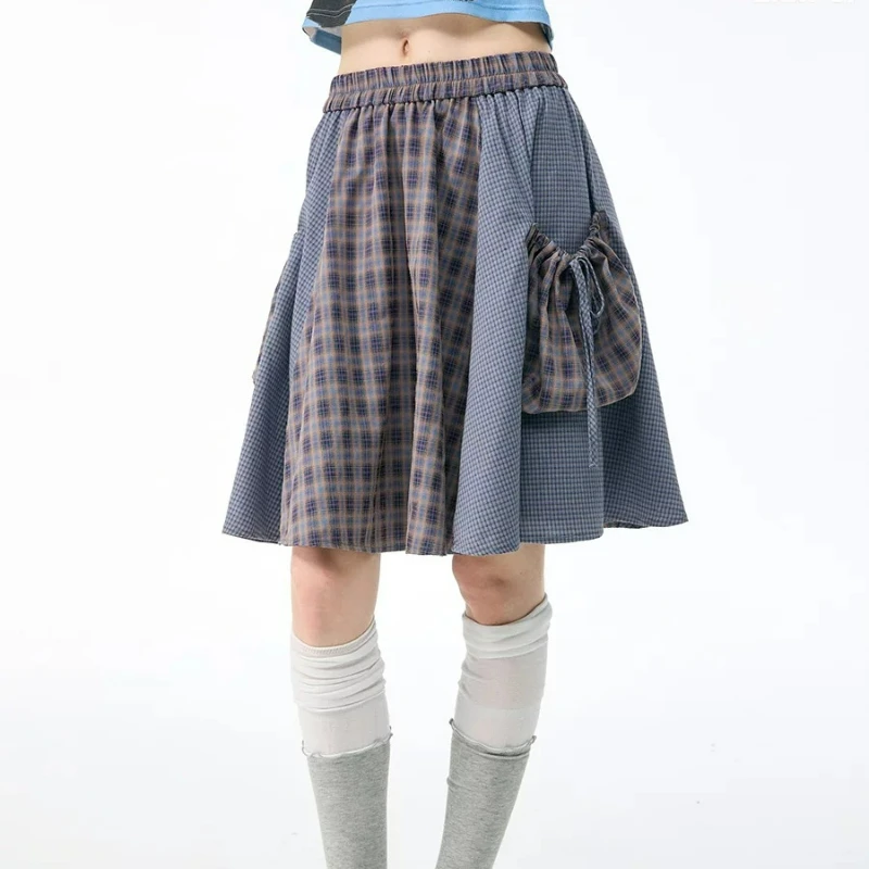 Vintage Design Plaid Splicing Y2k High Waist Women's Midi Skirt 20226 Summer New Sweet Cool Loose Cute Versatile Skirts Ladies