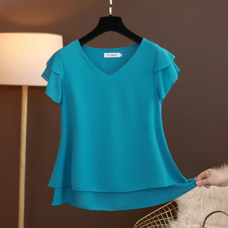 Fashion Brand Spring Summer Short-sleeved V-neck Chiffon Shirt Tops Large Size Loose and Thin Women Casual Shirts Shirts Blouses