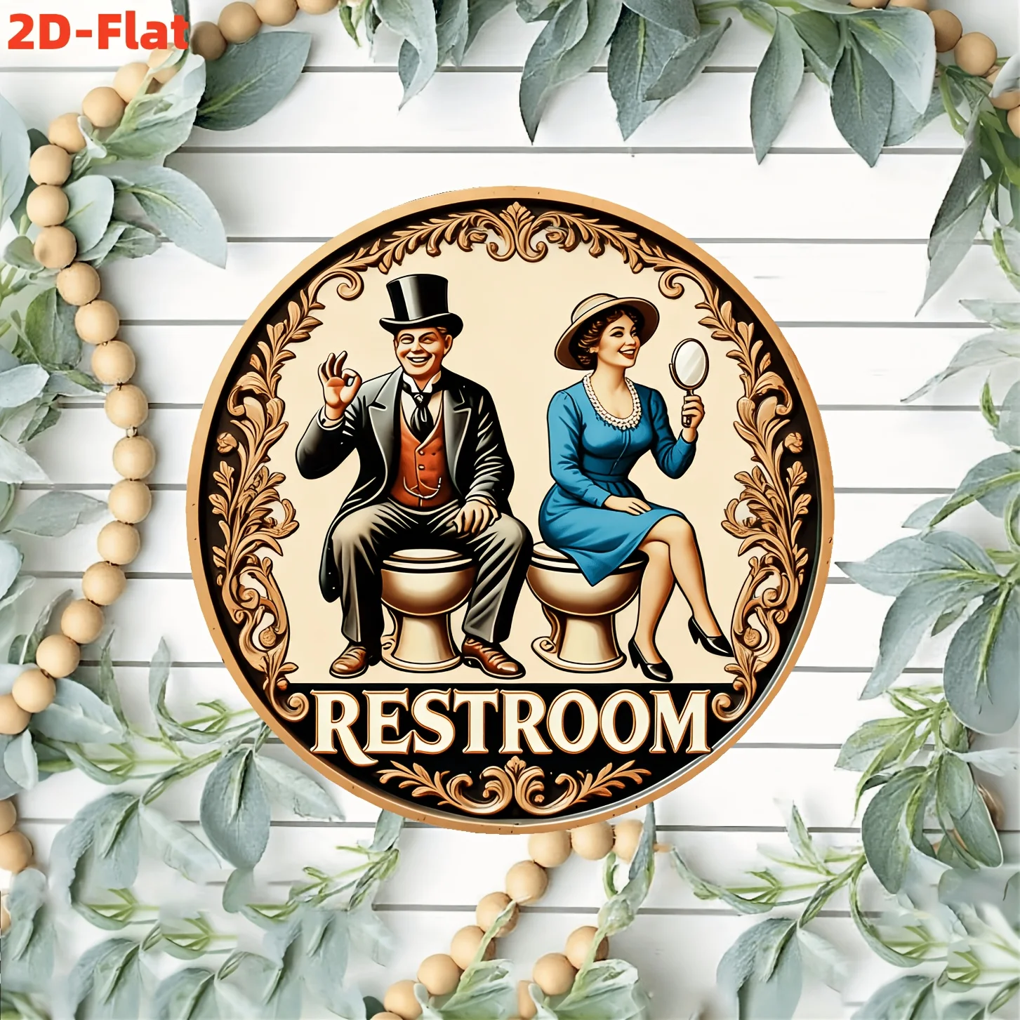 2D-Flaches, rundes Holzschild: Retro-Toilettenfigur-Muster, elegante Illustration von sitzenden Männern und Frauen auf Toiletten, geeignet für das Badezimmer