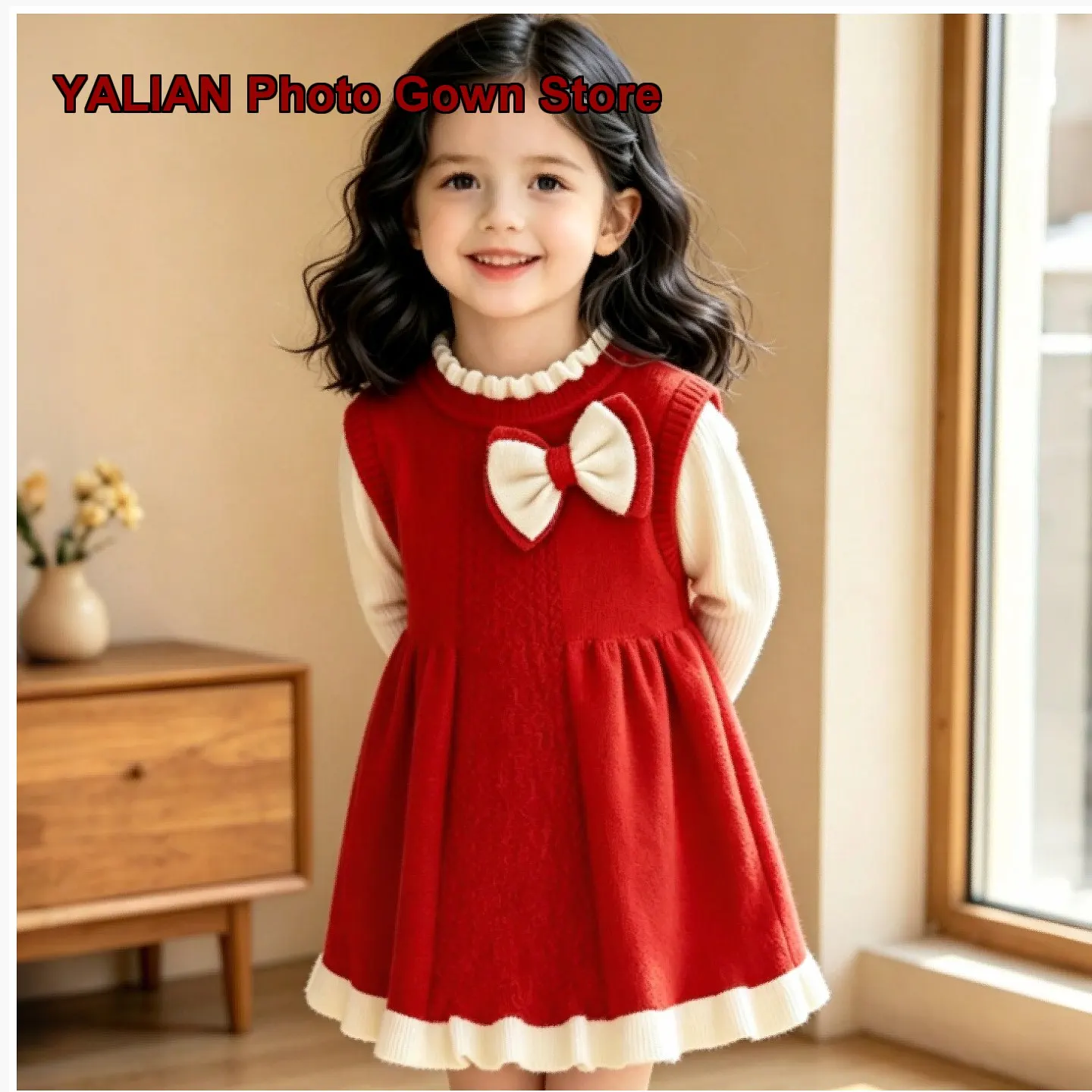 Girls Two-Piece Look Dress Kids Autumn Winter Knit Princess Style Dress Toddler First Birthday Dress