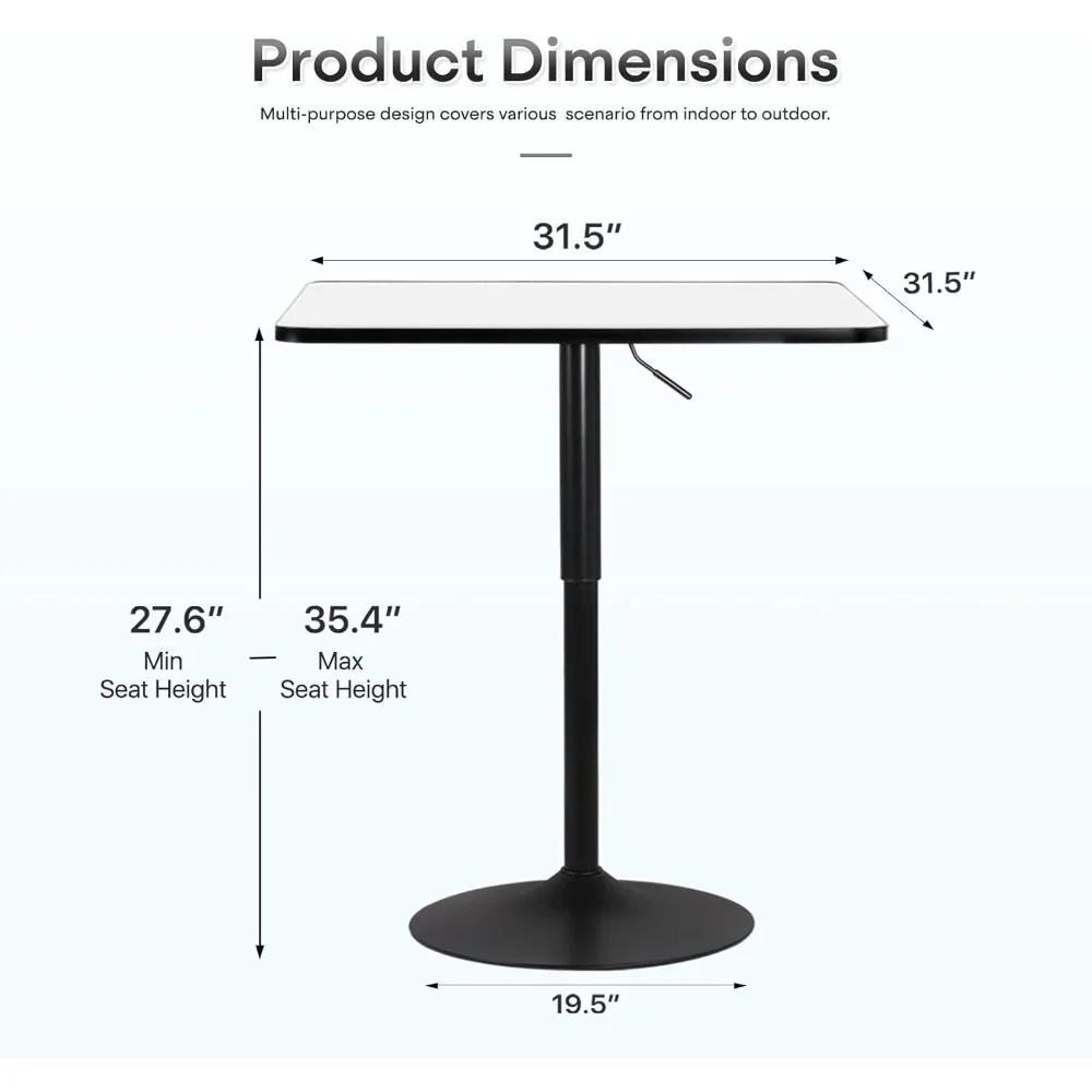 Bar Table Square Cocktail Table with Metal Base, Height Adjustable Bistro Table for Kitchen Island Bar Counter, White