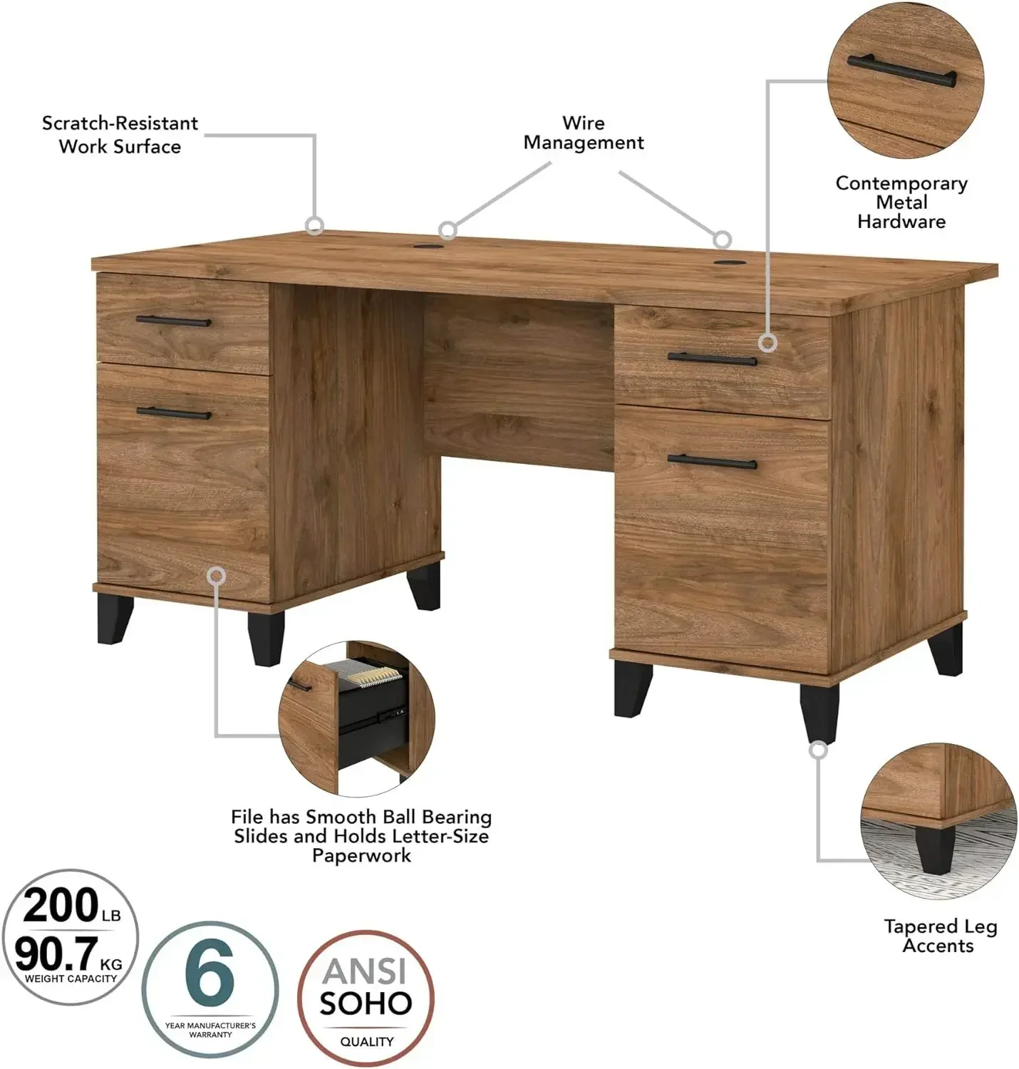 Wiltshire Office Desk com armário lateral, Estante de noz fresca, 5 prateleiras, 60W