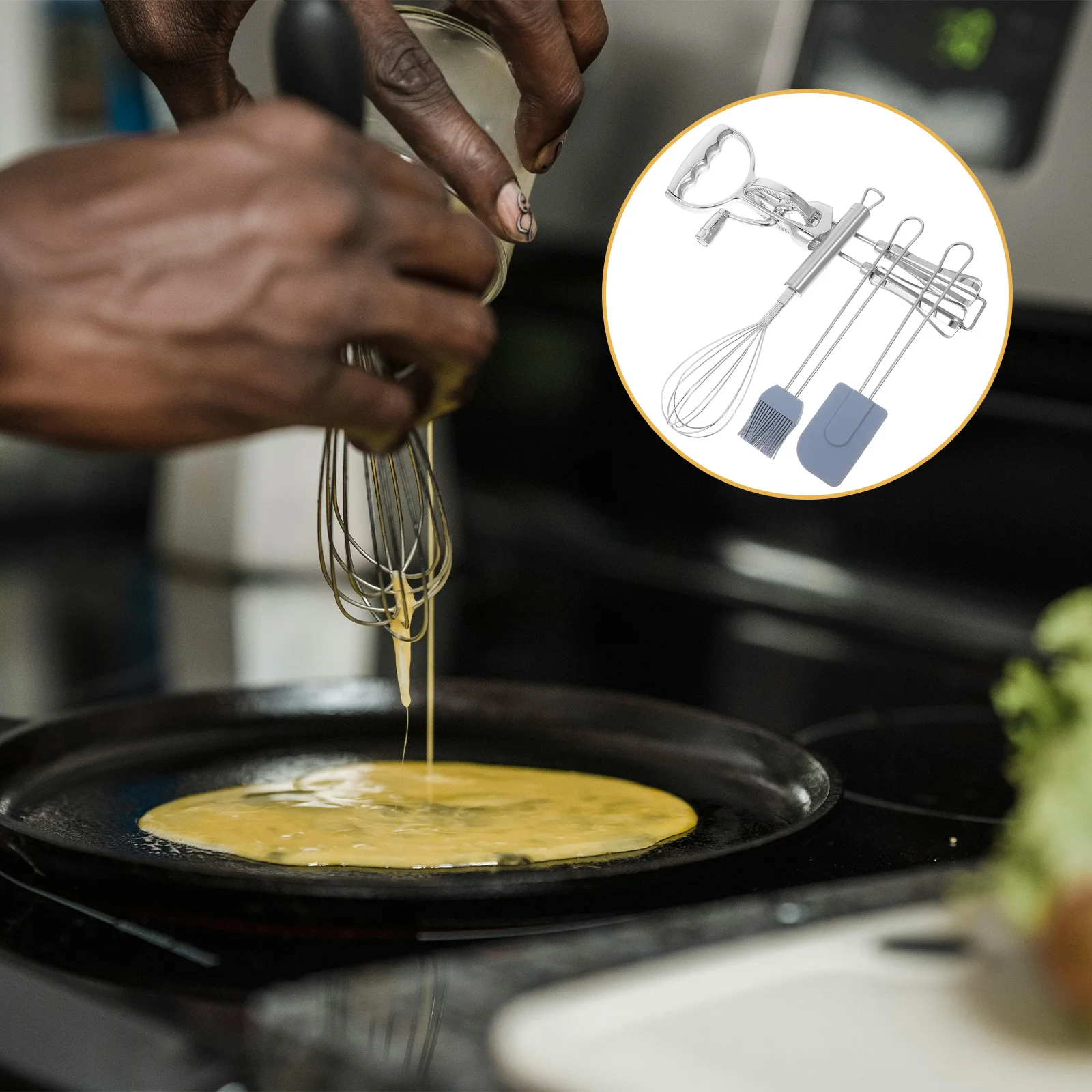 

4Pcs Kitchen Utensils Set Handheld Egg Whisk Manual Rotary Beater Stainless Steel Baking Tools with Silicone Brush for Home