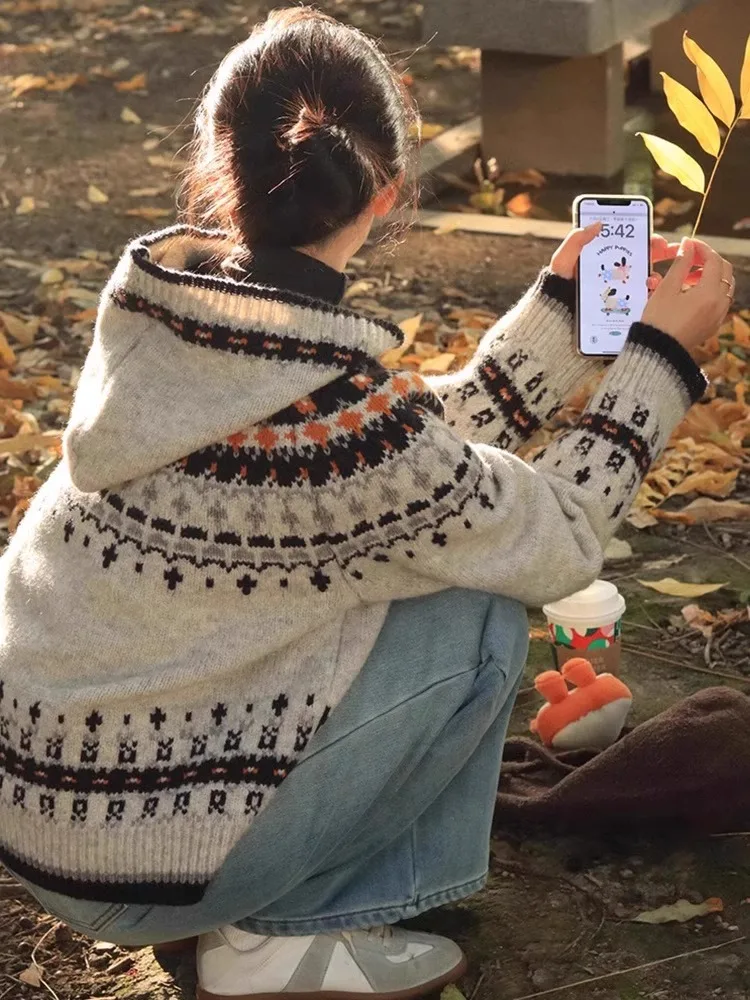 

Women's Autumn Winter New Arrival Commute Sle Loose Fit Long Retro Fair Isle Knitted Sweater Lazy Sle