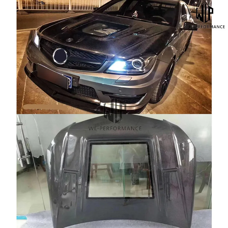 High Quality Carbon Fiber Front Engine Transparent Hood Bonnets Cover Car Styling For Meceders Benz W204 C Class Body Kit