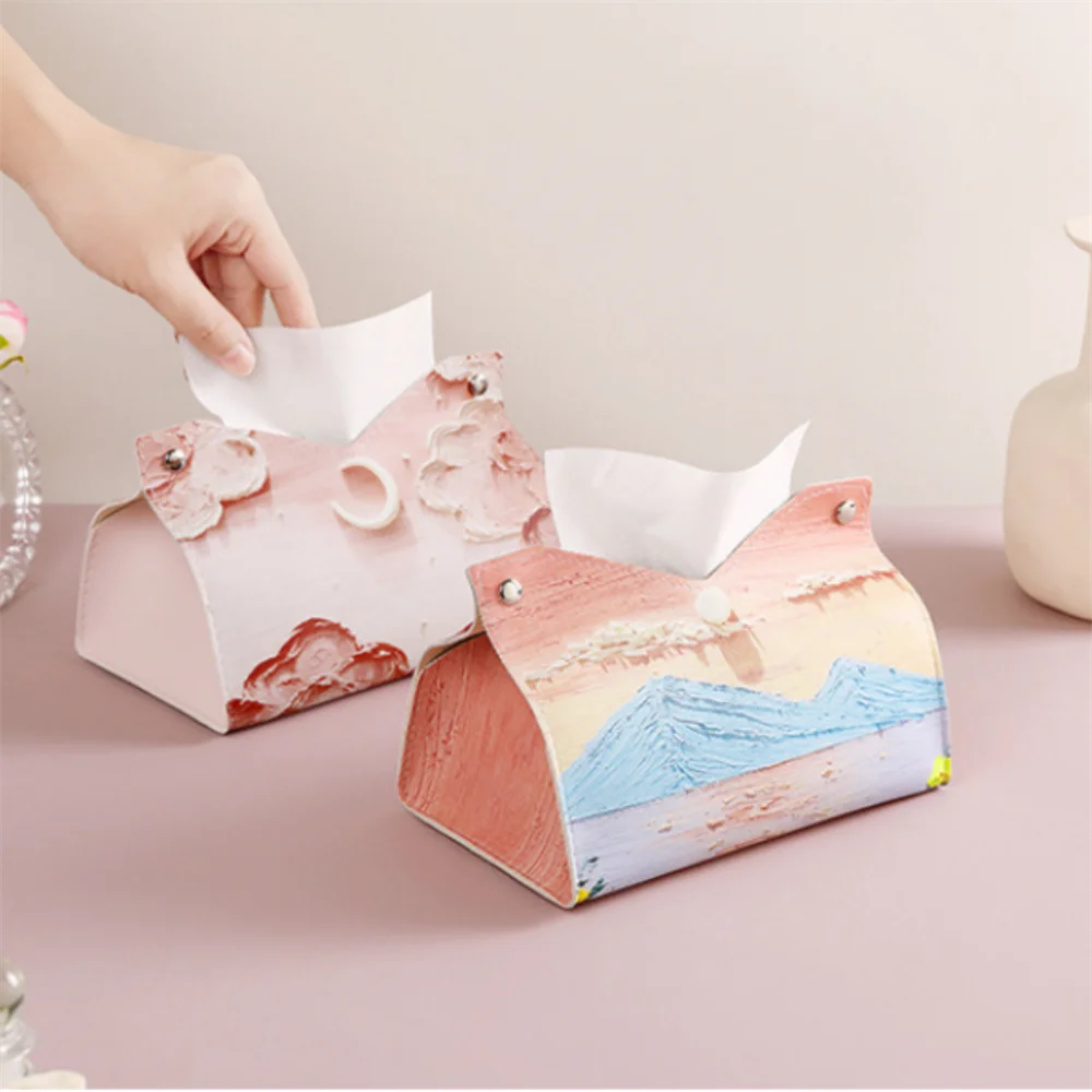 

Vintage Oil Painting Floral Tissue Box Holder Leather Napkin Dispenser Organizer Cover Tissue Case for Home Living Room
