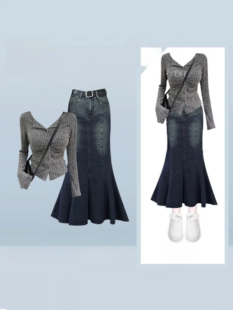 

Autumn Winter Women's Long Sve Knitted Open Cardigan Top And Denim Skirt Two Piece Set Slim Fit V Ne Button Sle Faio...