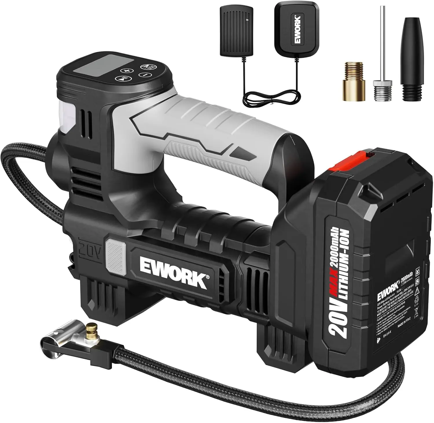 

Portable Air Compressor with 20V Battery, Inflates Car Tires in 3 Minutes, Auto Shut-Off & Digital Gauge for Motorcycle and Bike