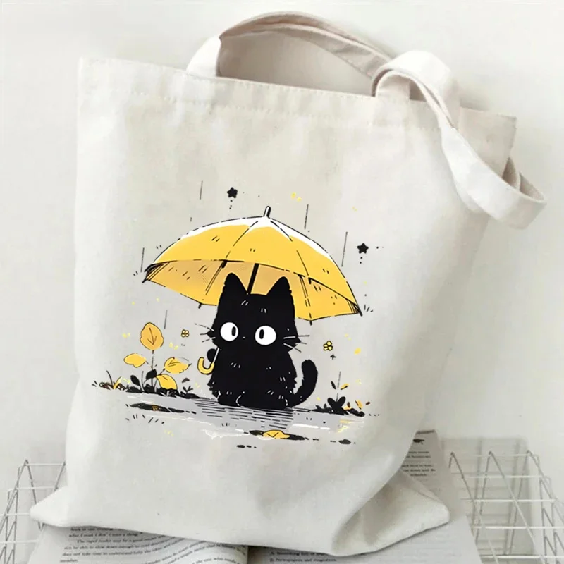 Kawaii Black Cat Graphic Handbags for Women Japanese Style Canvas Tote Bag Cartoon Fashion Shoulder Bag for Women Kitten Bag