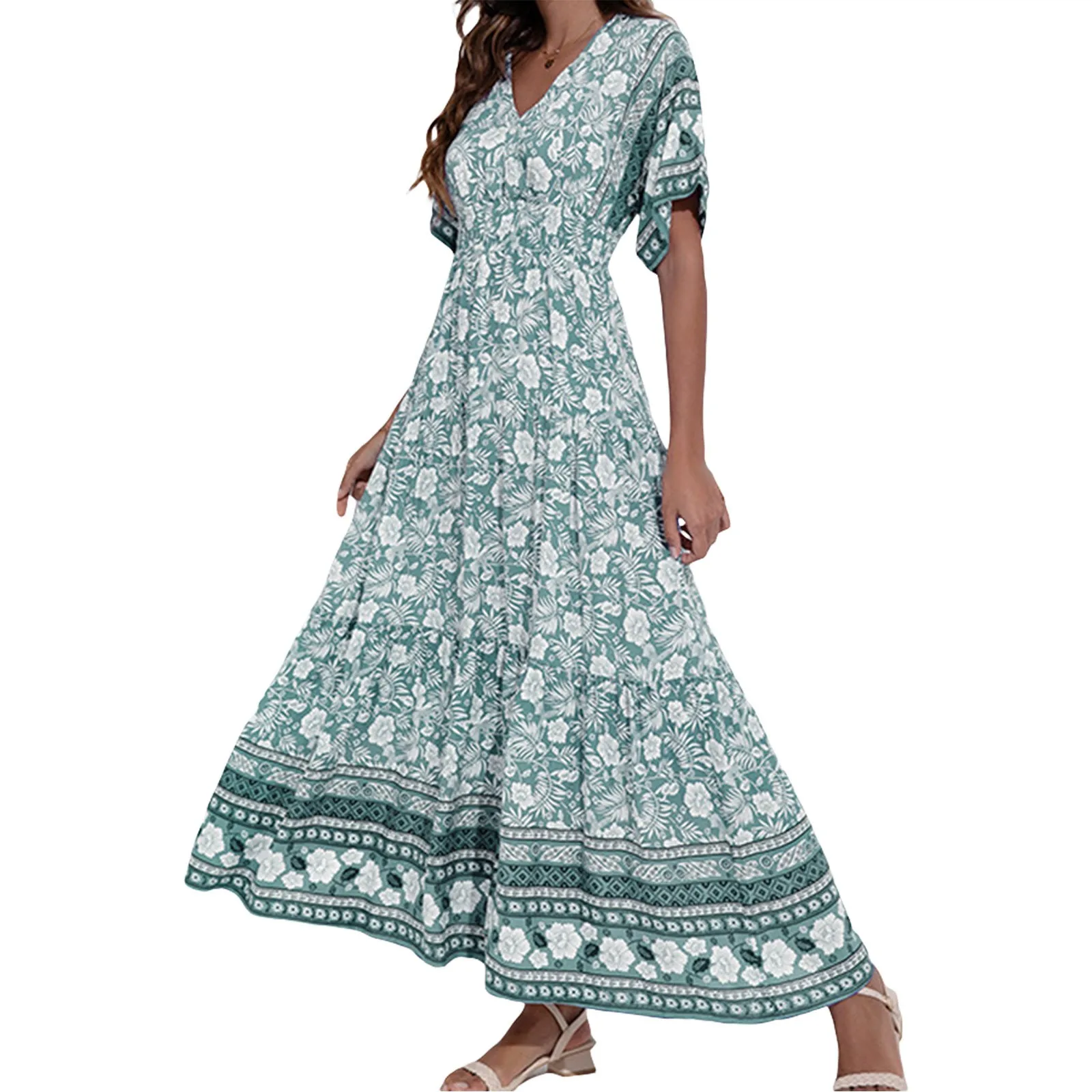 Boho Loose Swing Dresses For Fall Womens V Neck Floral Printed Long Dress Short Sleeve Tunic Waist Bohemian Party Vestido