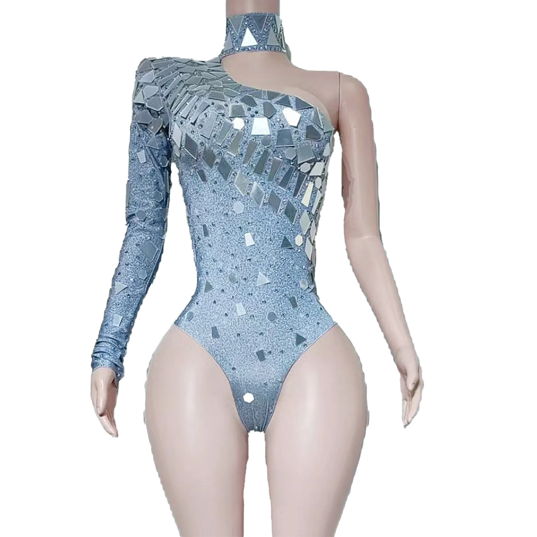 Guanzi Design Sense Single الكتف كم عالية الرقبة بذلة هندسية مرآة بذلة بار نادي أداء الزي فساتين حفلات #1