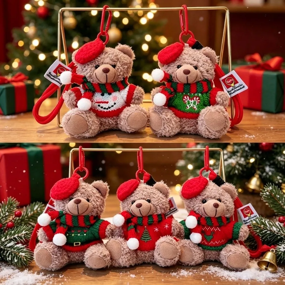 Red Beret Plush Bear Keychain Knitted Sweater Mini Size Christmas Bear Pendant Durable Soft Plush Cartoon Bag Charm
