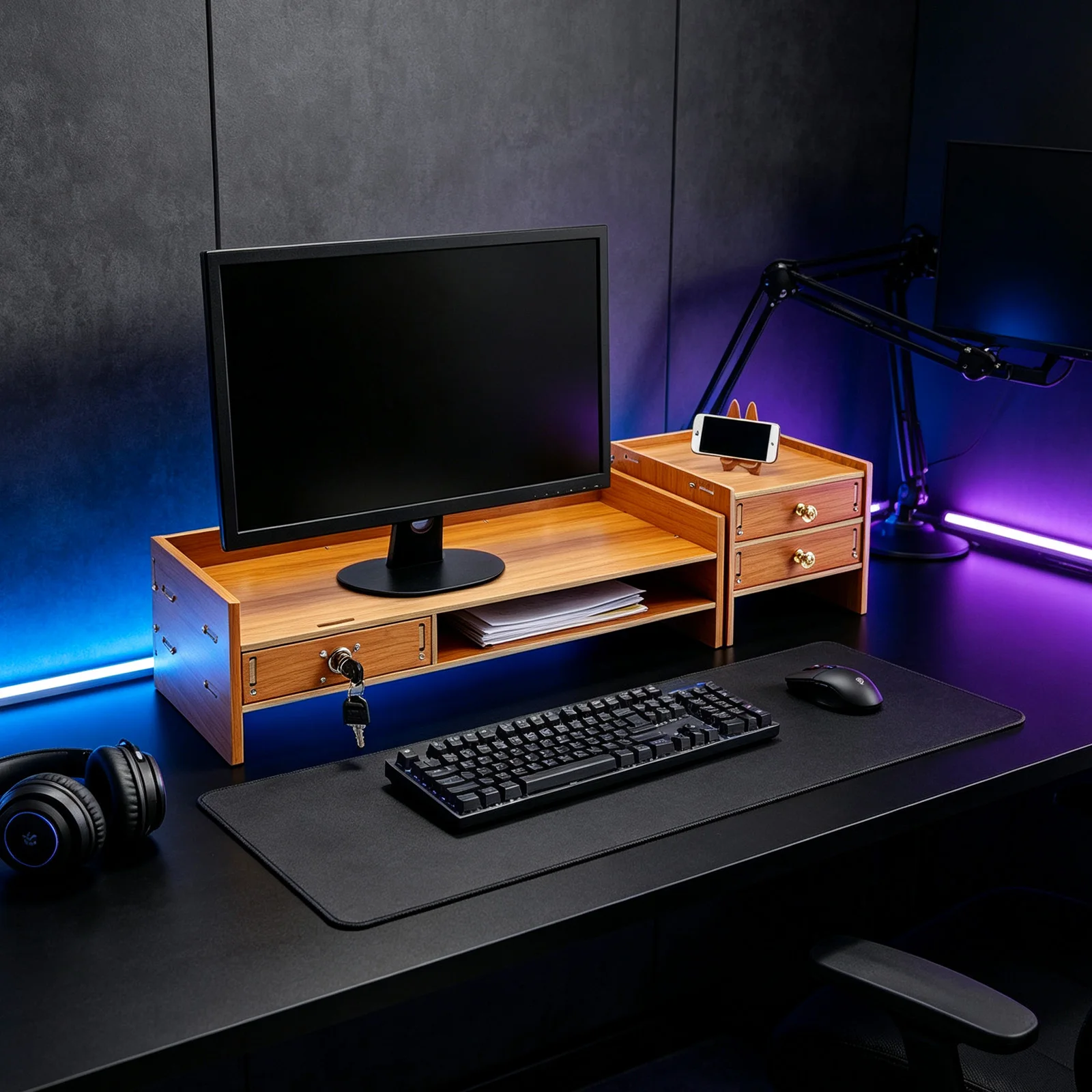 Computer Monitor Stand Computer Rack with Drawers MDF Ergonomic Monitor Riser 3 Drawers 1 Lockable With 2 Keys Phone Holder Space Saving Desktop Organizer Easy Clean For Home Office Study Desk