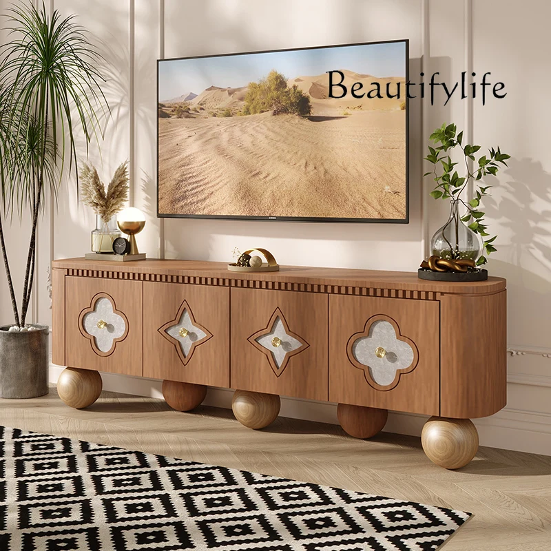 Nordic medieval TV living room against the wall new solid wood shell decorative floor cabinet light luxury audio-visual cabinet