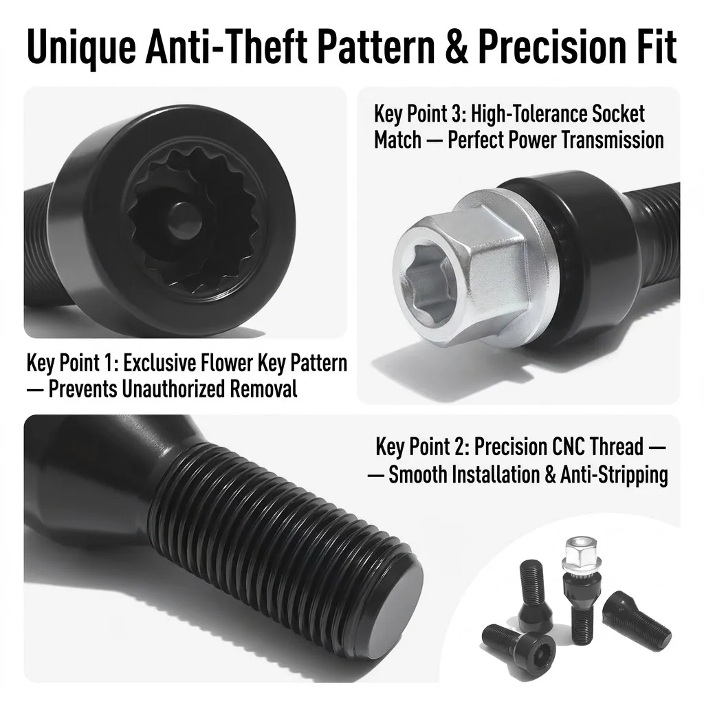 Wheel Locking Anti Theft Bolt Set for BMW 3613678 Security Lug Nut Socket Kit 5PCS Black Alloy Steel M14x1.25 M12x1.5