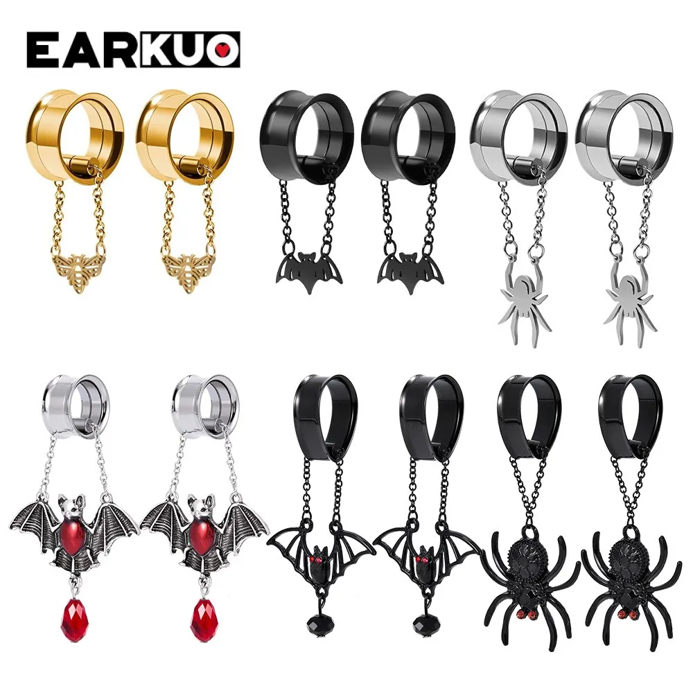 

EARKUO Unique Stainless Steel Magnet Chain Bat Bee Spider Ear Plugs Tunnels Gauges Piercing Body Jewelry Earring Expanders 2PCS