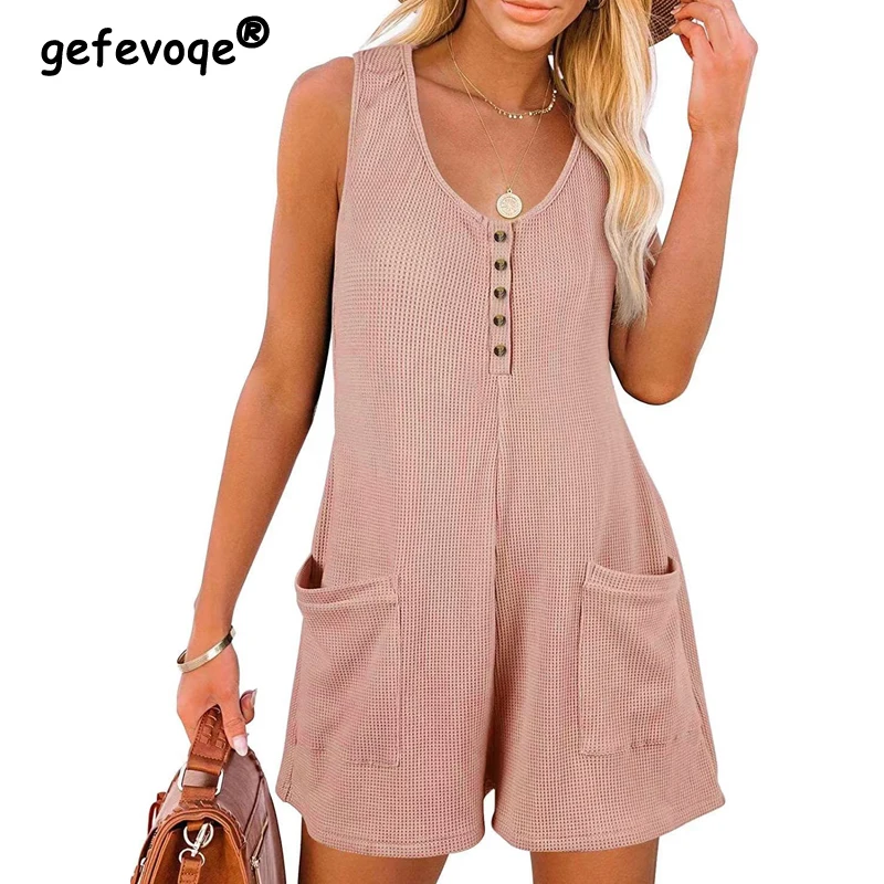 2023 Women Summer Casual Solid Sleeveless Vest Jumpsuit Loose Comfortable Rompers Holiday Beach Playsuits Straight Shorts Outfit