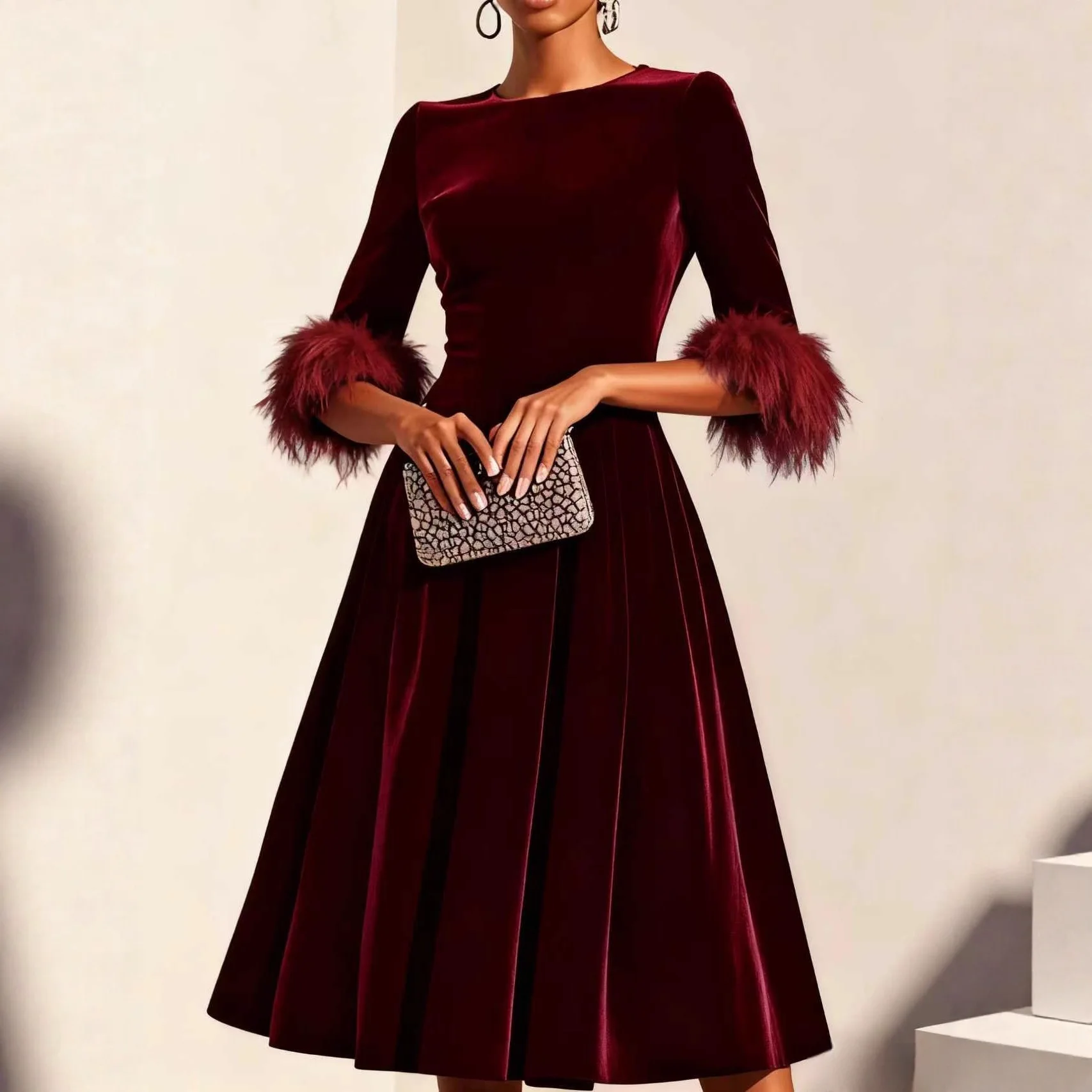 Elegant Round-neck. Velvet Clothes For Women, Featuring A Fashionable Feather Design, Short Sleeves, A High Waist, And A Flowing