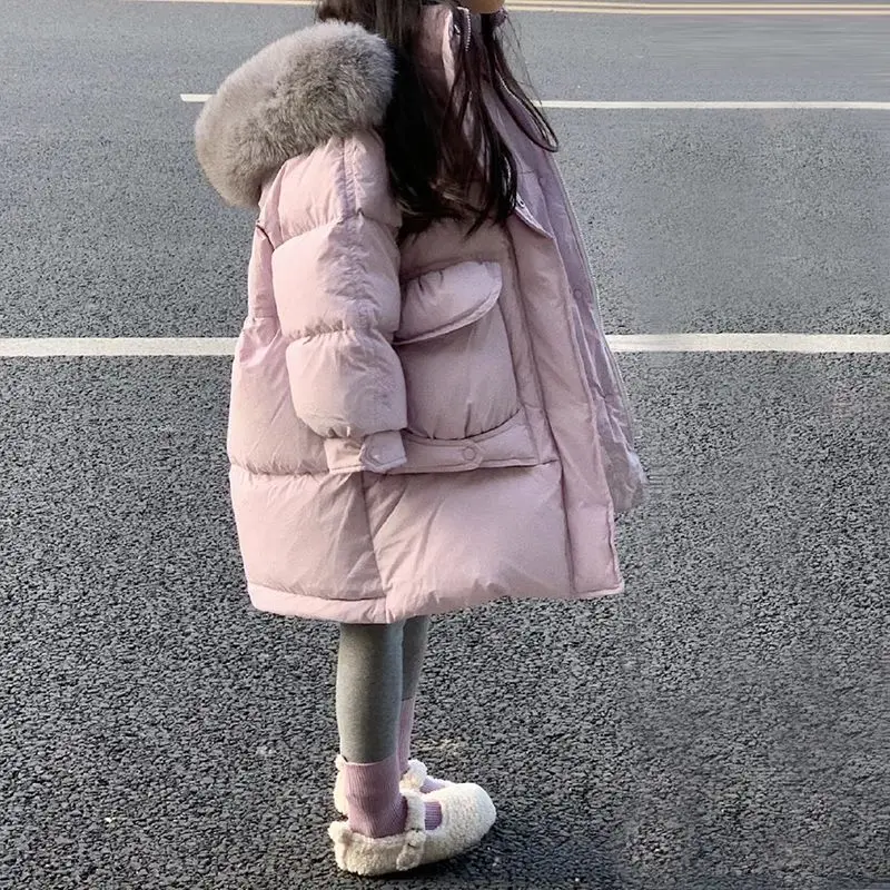 2024 Winter Junior Girls Parkas Cotton Padded Faux Fur Hooded Little Girls Outerwear Solid Warm Large Pockets Babys Girl Jackets