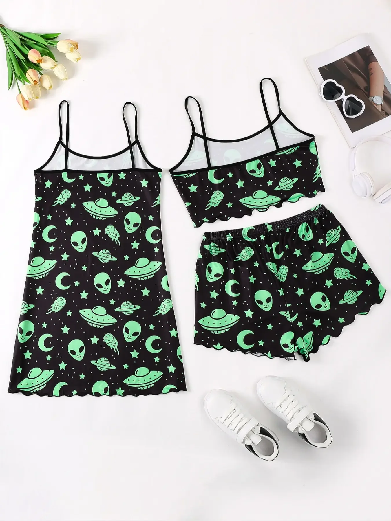 Women\'s Cartoon Alien & UFO Print Frill Trim Casual Pajama Set Round Neck Backless Slip Dress & Crop Cami Top & Shorts Nightwear