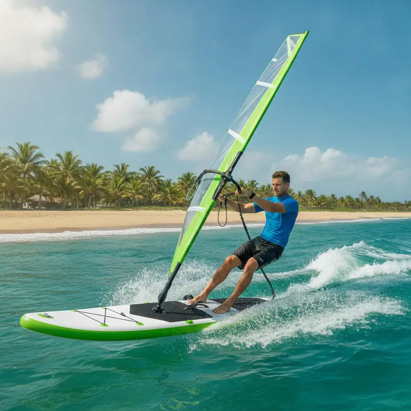 Grün-weißes aufblasbares Wind-SUP-Board aus PVC und Polyester, 330x72x10cm, maximale Belastung 100kg bei 15psi. Wird mit 3 Stück geliefert. ㎡   Segel, 215 cm Paddel, Flossen, Hochdruckpumpe und