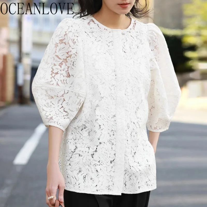 OCEANLOVE Lace Shirts&blouses Women Tops Solid Japanese Style Vintage Blusas Mujer Spring Summer Elegant Sweet Camisas