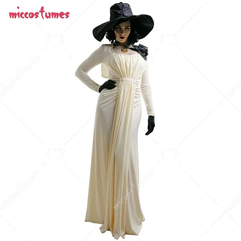 

Miccostumes Women's Lady Vampire Long Sleeved Dress Cosplay Costume Outfit with Hat Necklace Corsage Gloves