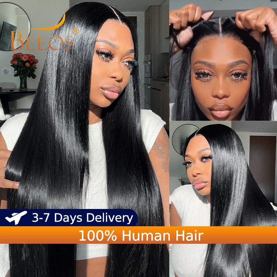 

32inch #1 Jet Black Glueless Wigs 5x5 HD Lace Closure Human Hair Wigs Pre Plucked Bone Straight Ready to Go Brazilian For Women