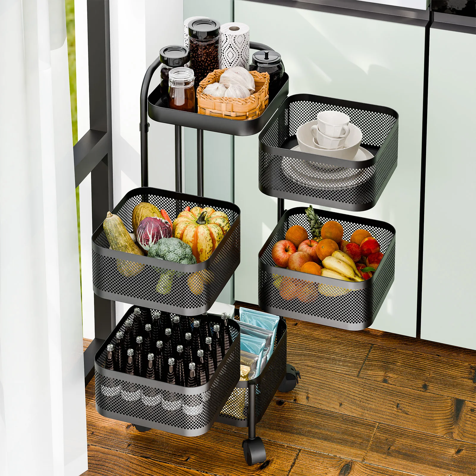 Rotating Trolley, Square Kitchen Trolley, Rotating Kitchen Storage Shelves, Kitchen Vegetable Storage Organizer, Fruit Basket Fl