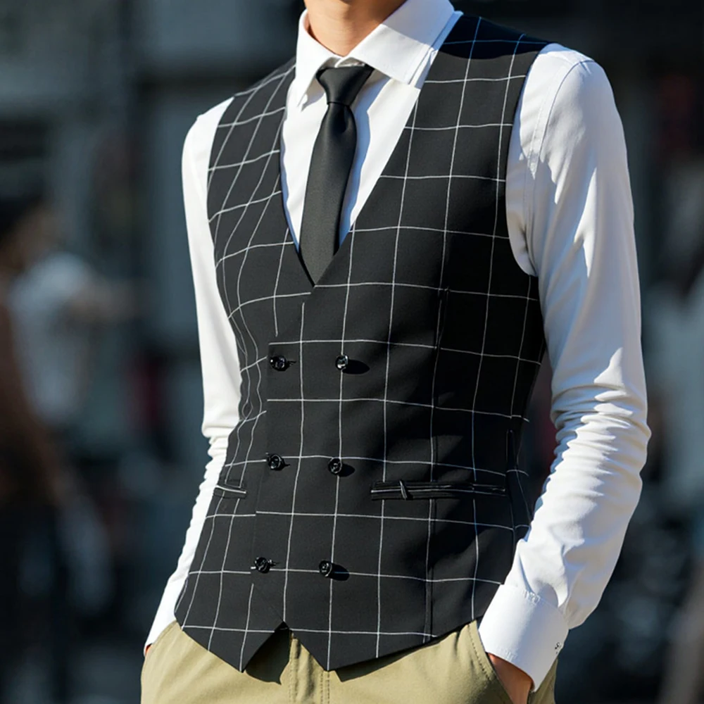 

Men's Business Vest Boutique Plaid Double-breasted Cotton Suit Vest Waistcoat For Wedding Formal Vest Groomsmen Wedding
