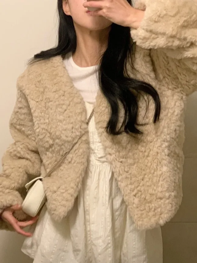 

Korean Sle Lamb Fur Lined ort Warm Coat Long Sve Women's Winter New Design Cotton Inner Jaet Loose Fit Button Closure