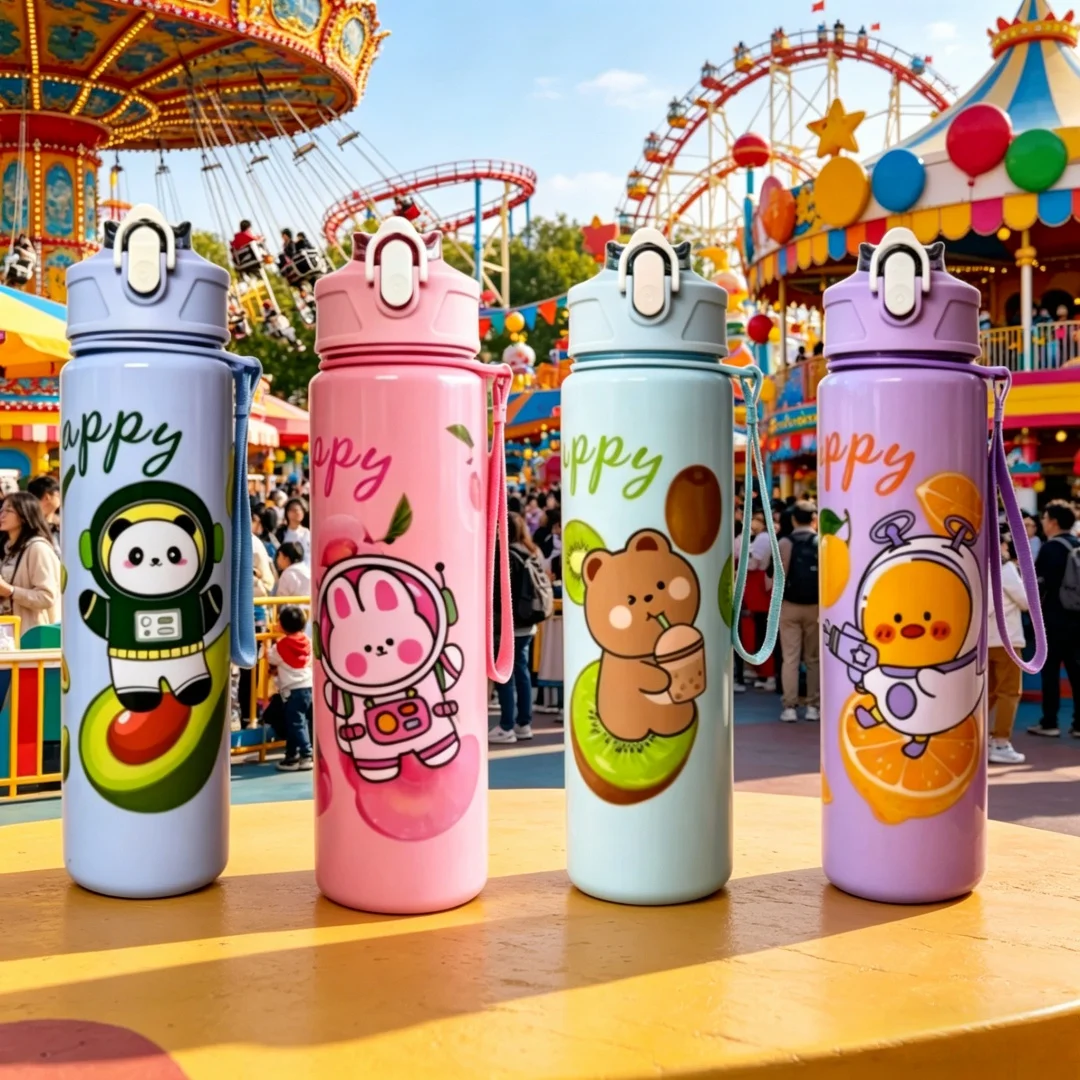 

Heat-Transfer Cartoon Animal Water Bottles: Cute Panda/Bear/Duck/Rabbit Prints, Vibrant Colors, 750ml Large Capacity Picnics