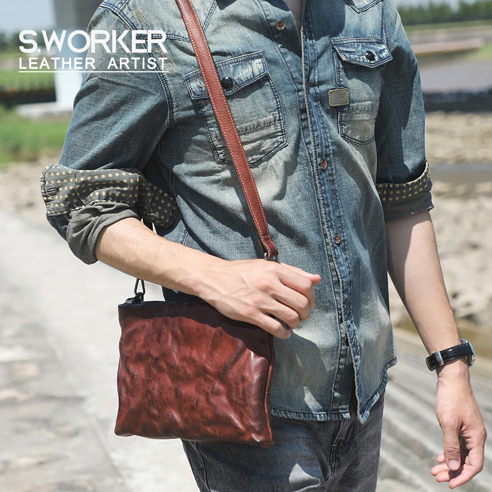 S.WORKER Vintage Echtleder Herren-Clutch-Tasche, Schultertasche, Handgefertigte Mini-Handtasche für Handy & Schlüssel – Detail 2